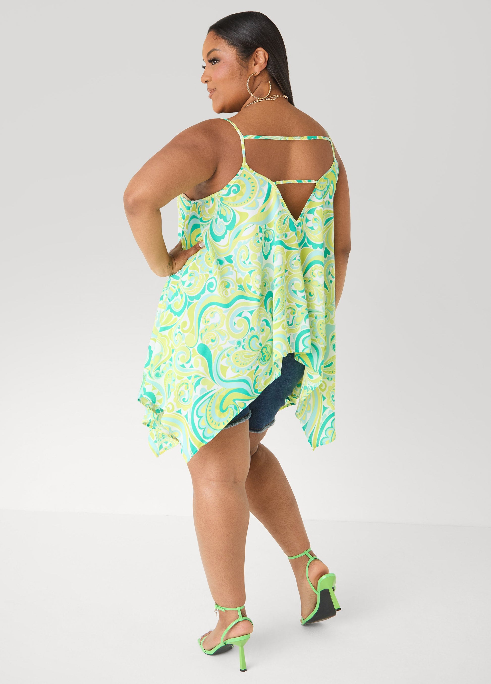 Ashley Stewart Paisley Print Handkerchief Tank Green