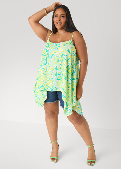 Ashley Stewart Paisley Print Handkerchief Tank Green