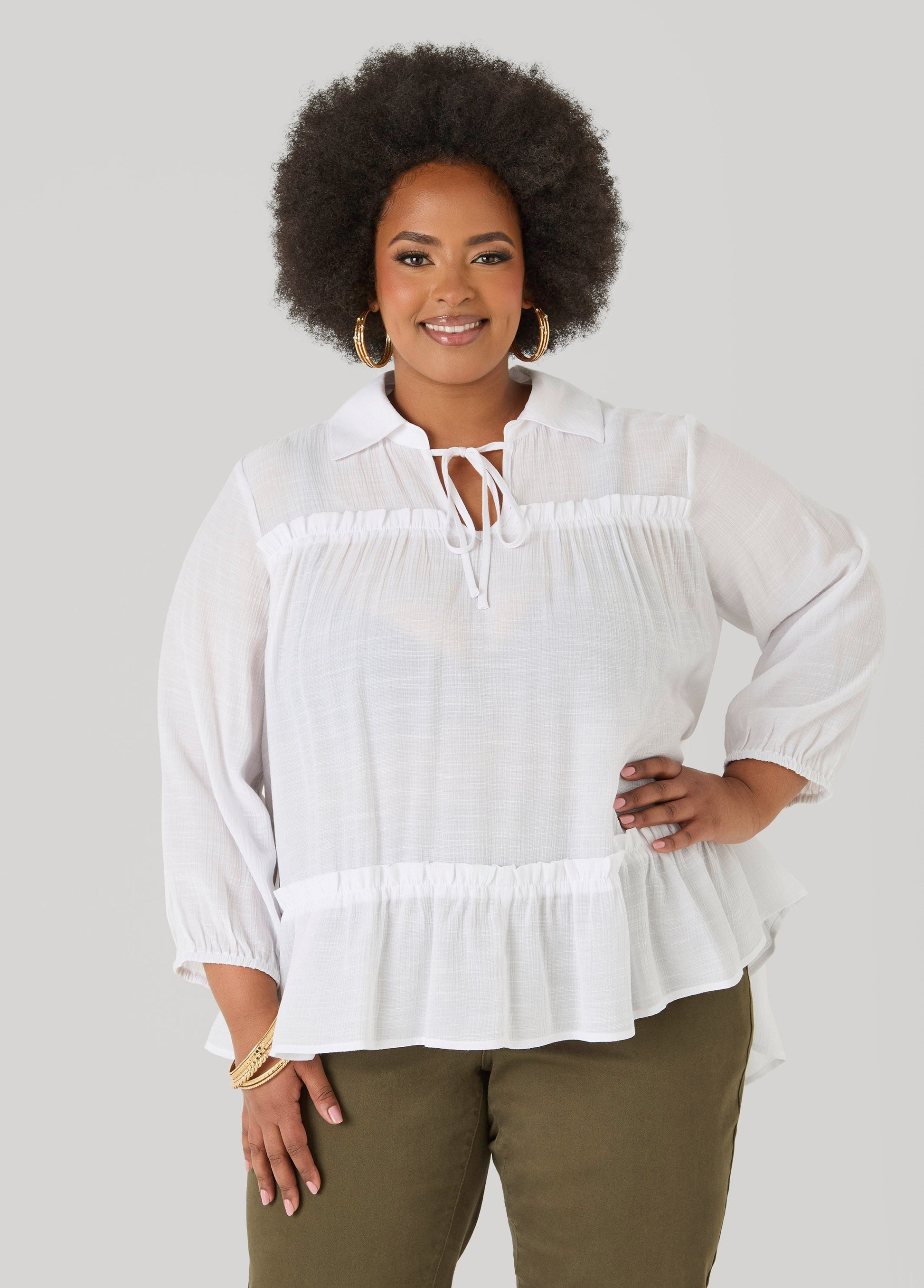 Ashley Stewart Ruffle Trimmed Gauze Blouse White