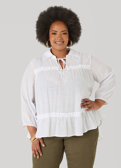 Ashley Stewart Ruffle Trimmed Gauze Blouse White