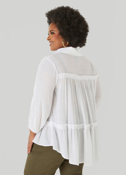 Ashley Stewart Ruffle Trimmed Gauze Blouse White