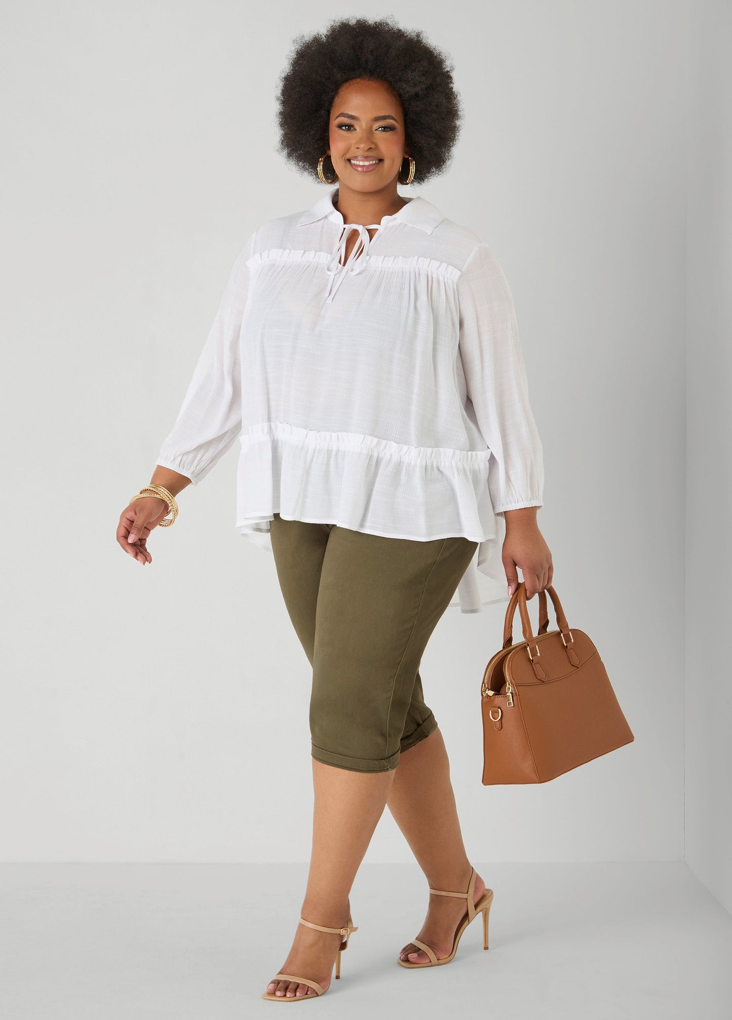Ashley Stewart Ruffle Trimmed Gauze Blouse White