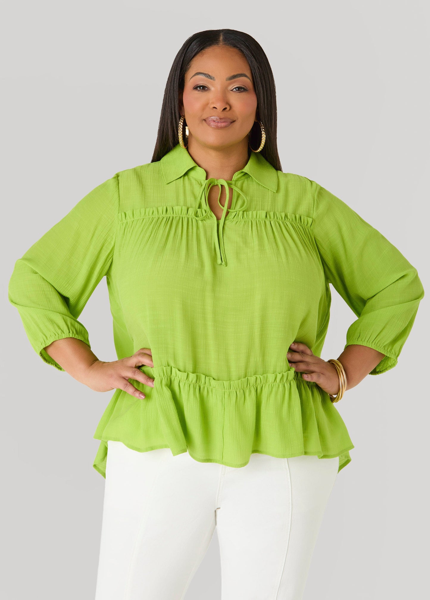 Ashley Stewart Ruffle Trimmed Gauze Blouse White