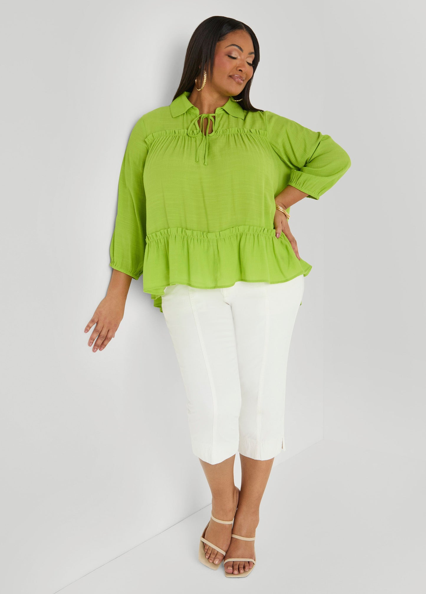 Ashley Stewart Ruffle Trimmed Gauze Blouse White