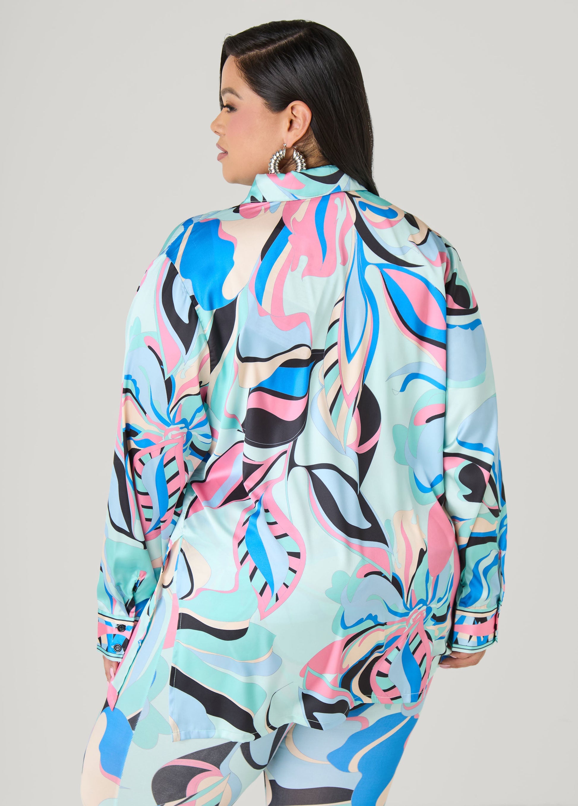 Ashley Stewart Floral Satin Shirt POWDER BLUE