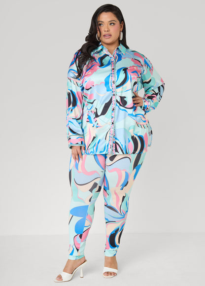 Ashley Stewart Floral Satin Shirt POWDER BLUE