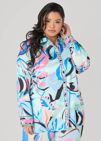 Ashley Stewart Floral Satin Shirt POWDER BLUE