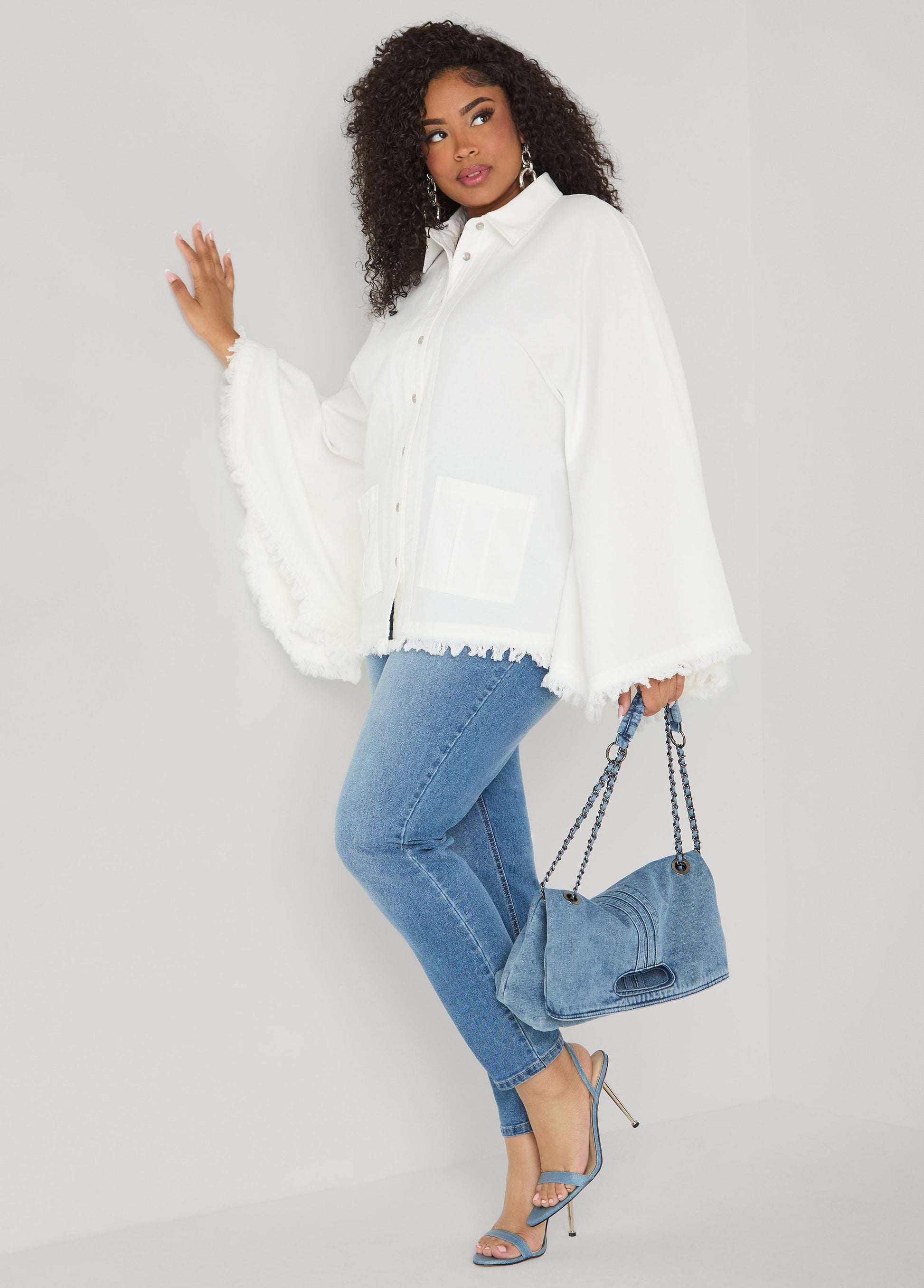 Ashley Stewart Bell Sleeved Denim Poncho White