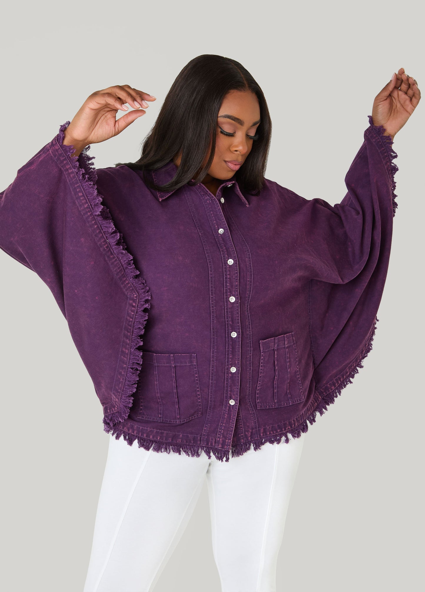 Ashley Stewart Bell Sleeved Denim Poncho White