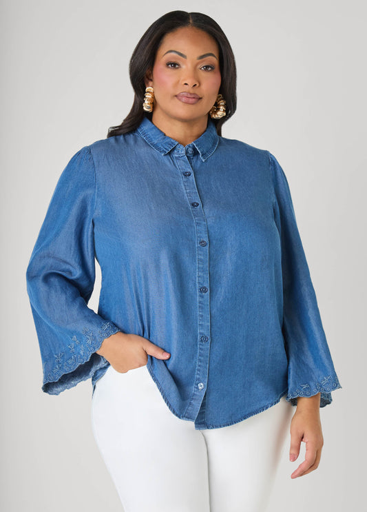 Ashley Stewart Embroidered Eyelet Chambray Shirt Blue