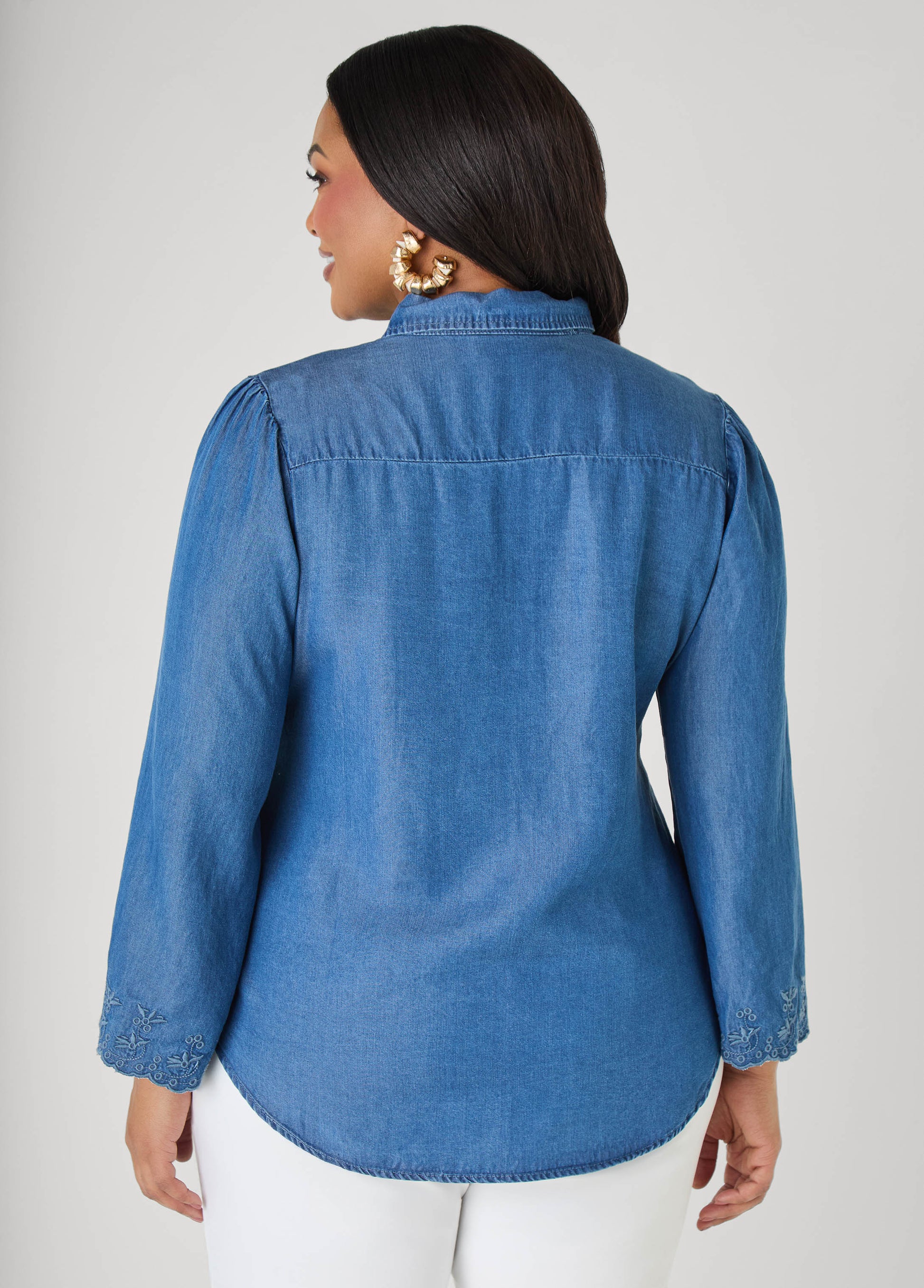 Ashley Stewart Embroidered Eyelet Chambray Shirt Blue