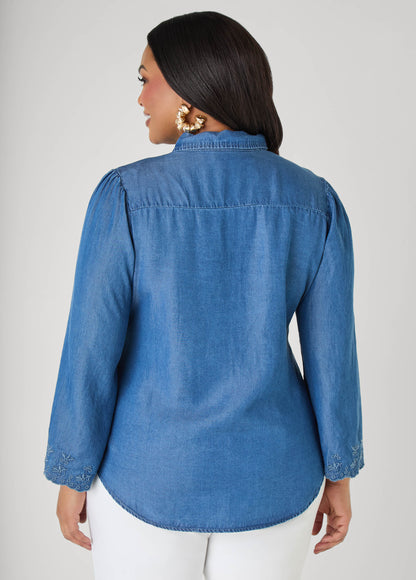 Ashley Stewart Embroidered Eyelet Chambray Shirt Blue