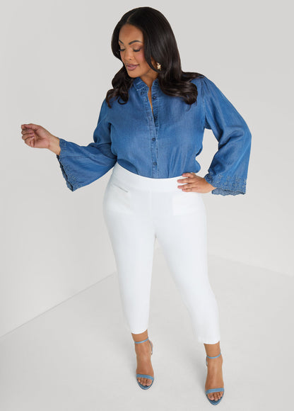 Ashley Stewart Embroidered Eyelet Chambray Shirt Blue