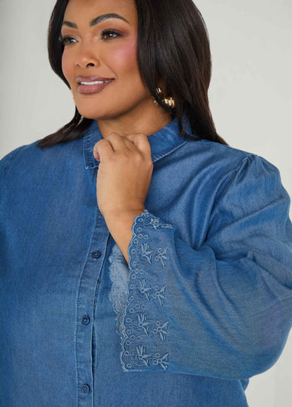 Ashley Stewart Embroidered Eyelet Chambray Shirt Blue