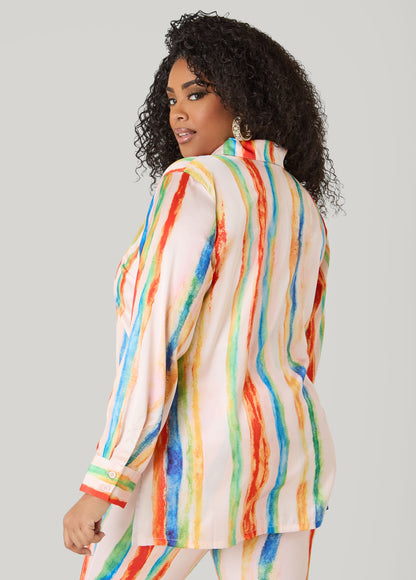 Ashley Stewart Brushstroke Striped Satin Shirt Multi