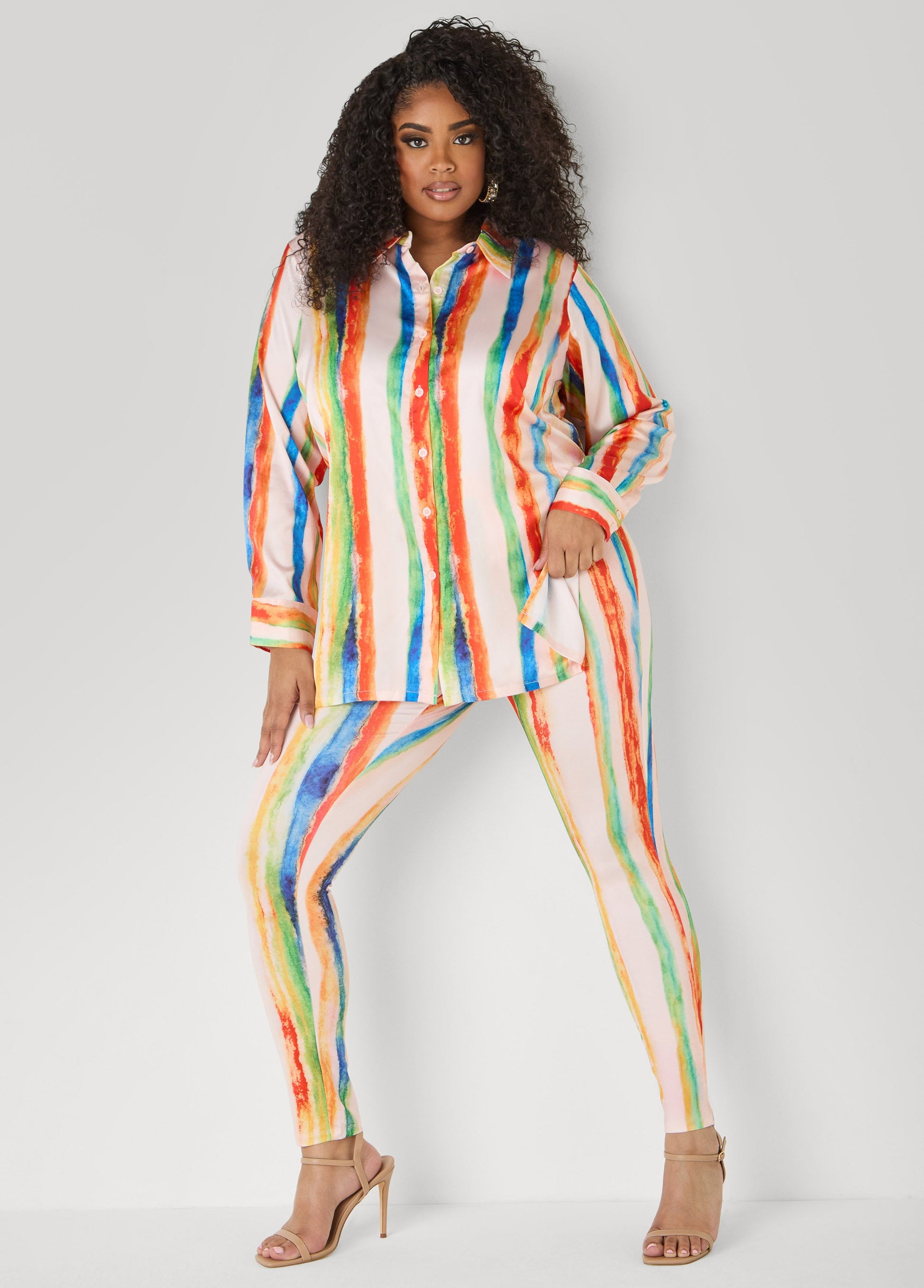 Ashley Stewart Brushstroke Striped Satin Shirt Multi