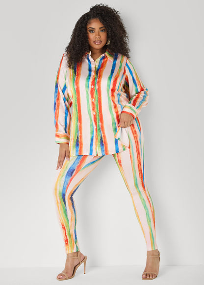 Ashley Stewart Brushstroke Striped Satin Shirt Multi