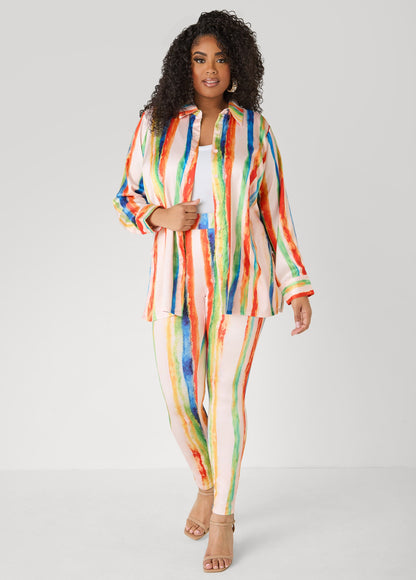 Ashley Stewart Brushstroke Striped Satin Shirt Multi