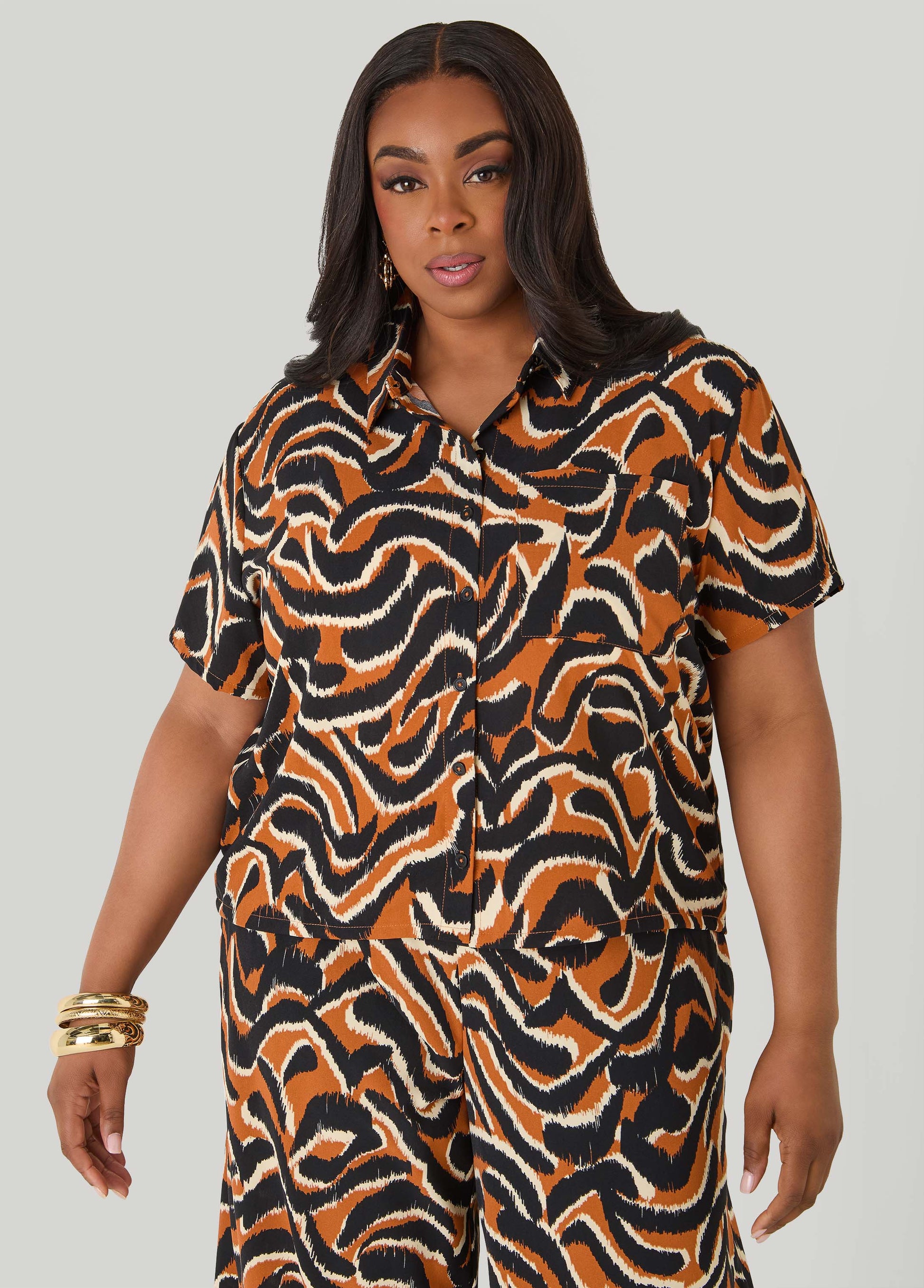 Ashley Stewart Printed Boxy Cropped Shirt Pink