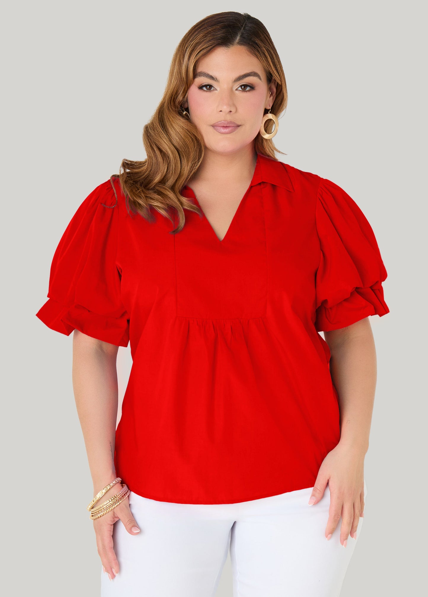 Ashley Stewart Puff Sleeved V Neck Top Green