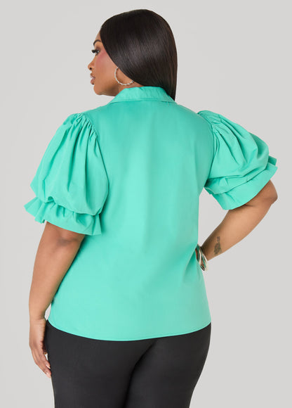 Ashley Stewart Puff Sleeved V Neck Top Green