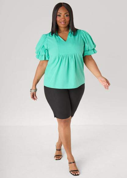 Ashley Stewart Puff Sleeved V Neck Top Green