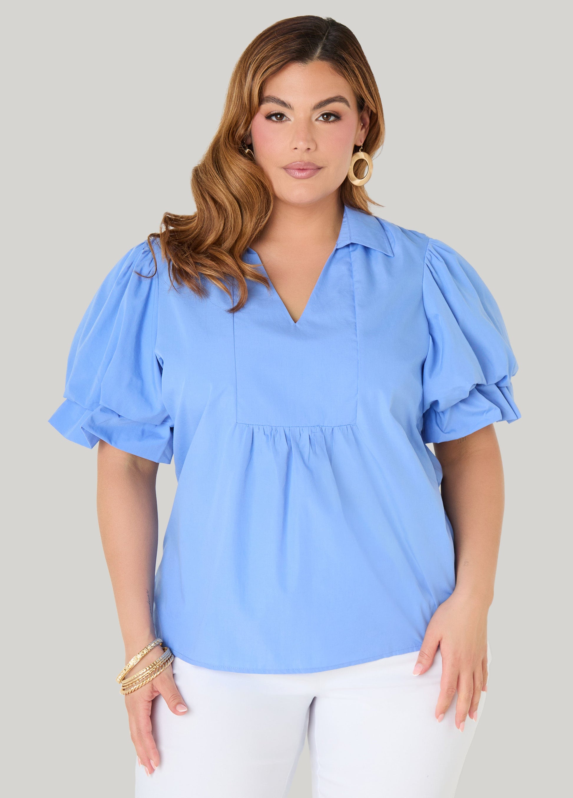 Ashley Stewart Puff Sleeved V Neck Top Green