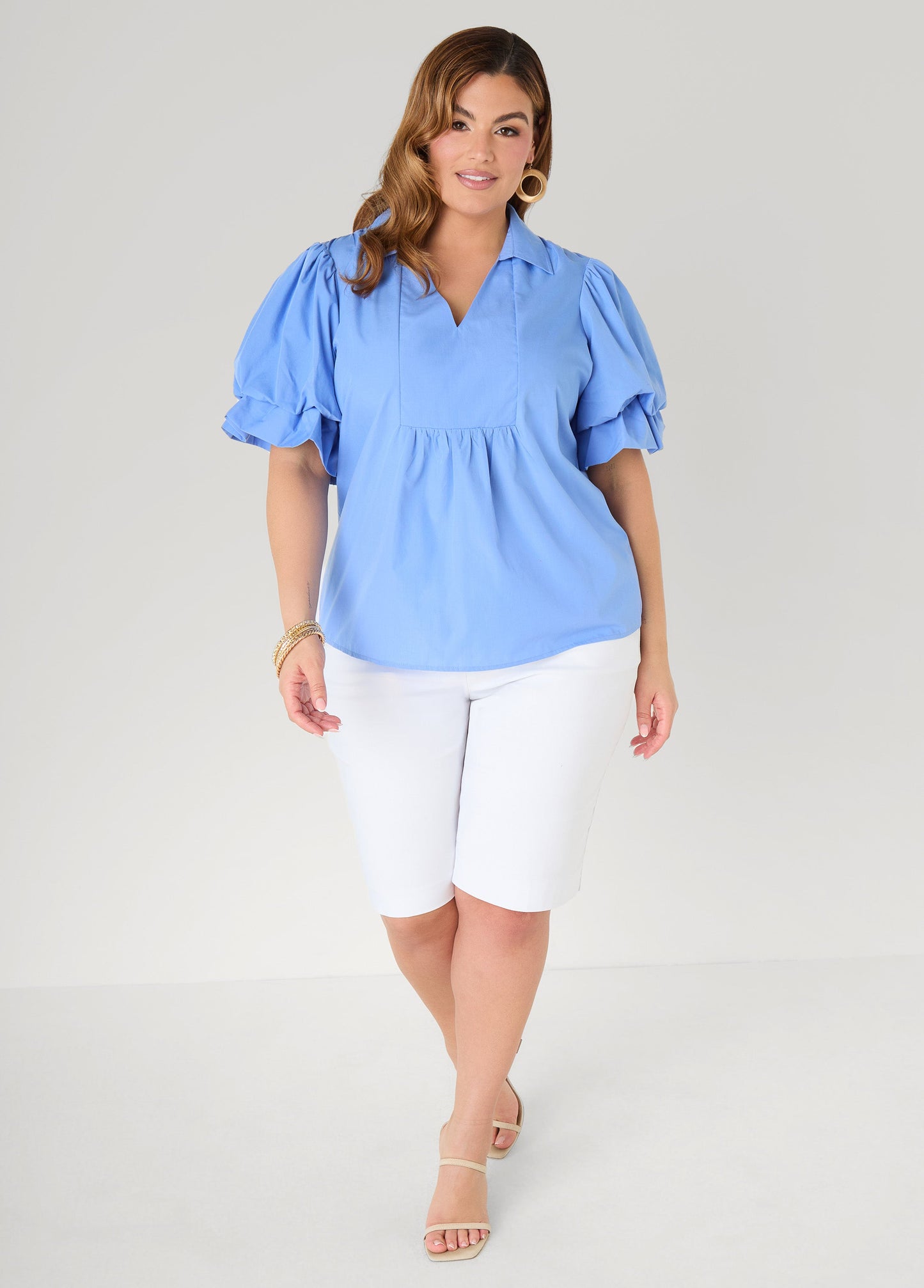 Ashley Stewart Puff Sleeved V Neck Top Green