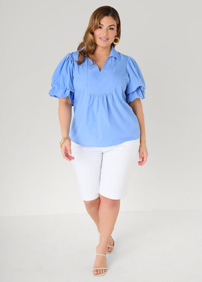 Ashley Stewart Puff Sleeved V Neck Top Green