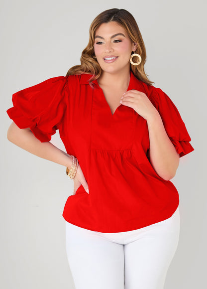 Ashley Stewart Puff Sleeved V Neck Top Green