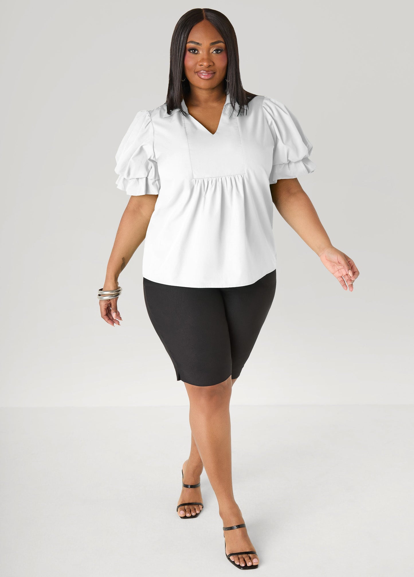 Ashley Stewart Puff Sleeved V Neck Top Green