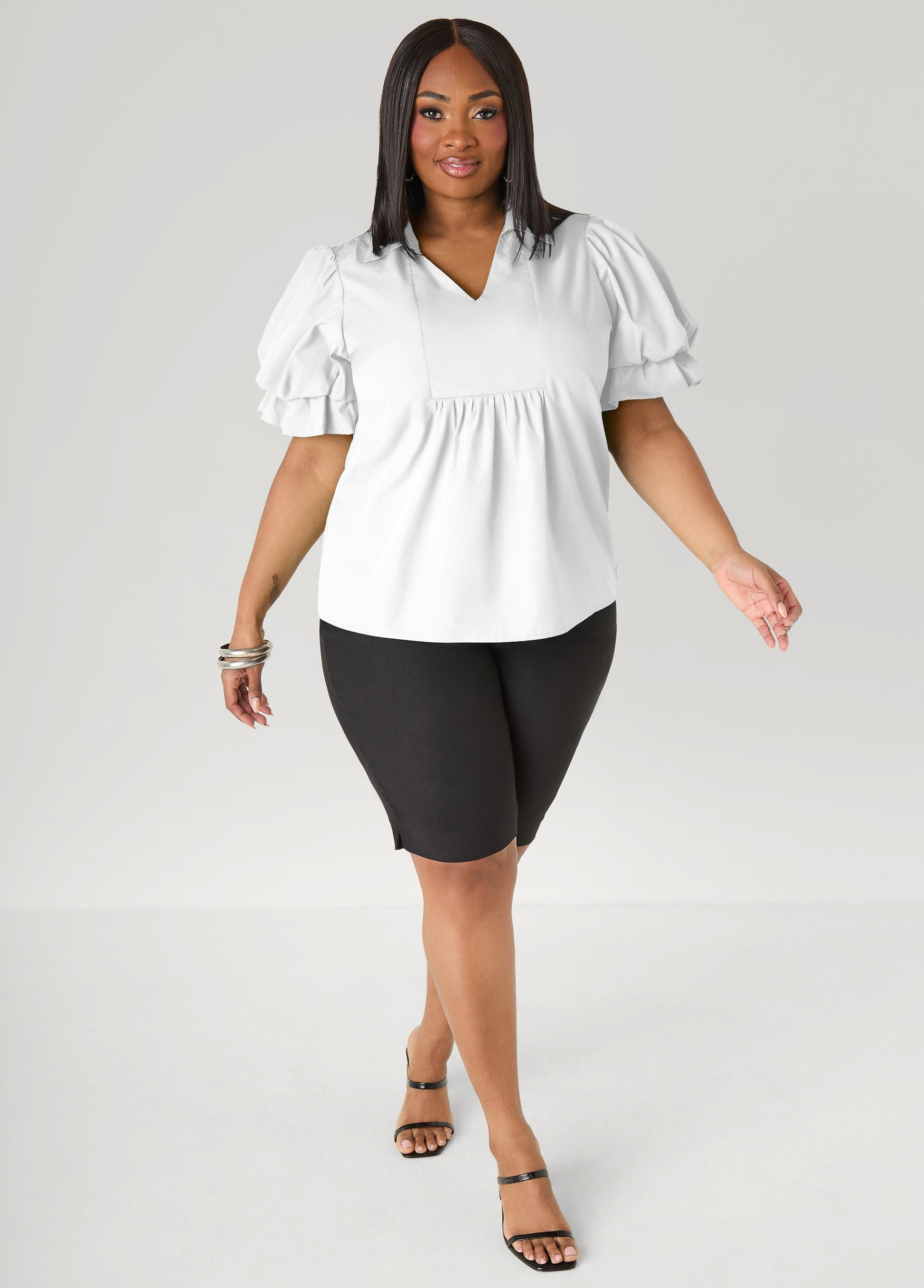 Ashley Stewart Puff Sleeved V Neck Top Green