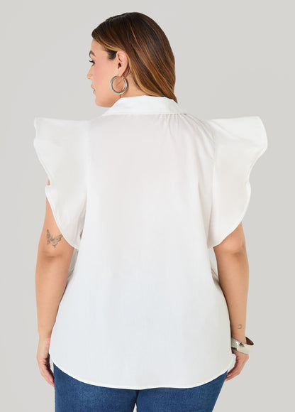 Ashley Stewart Ruffled Sleeve Poplin Top Green