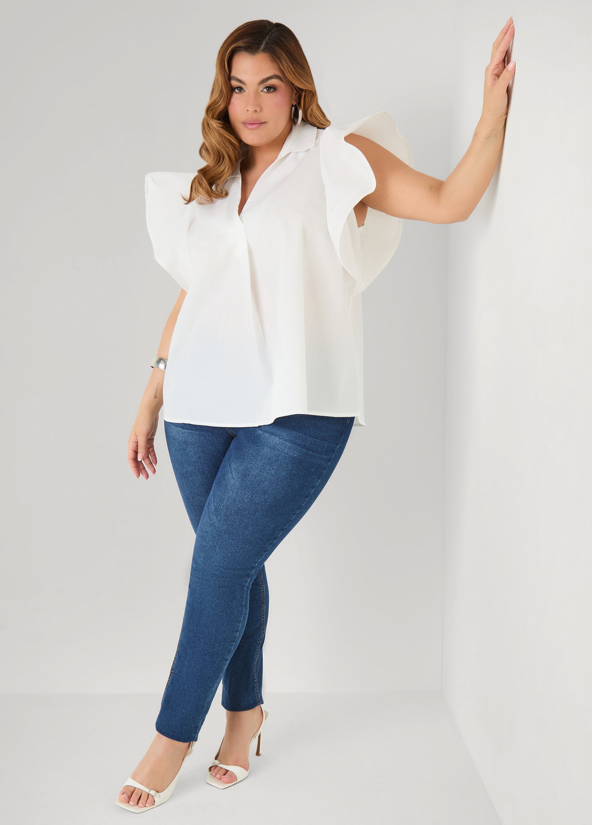Ashley Stewart Ruffled Sleeve Poplin Top Green