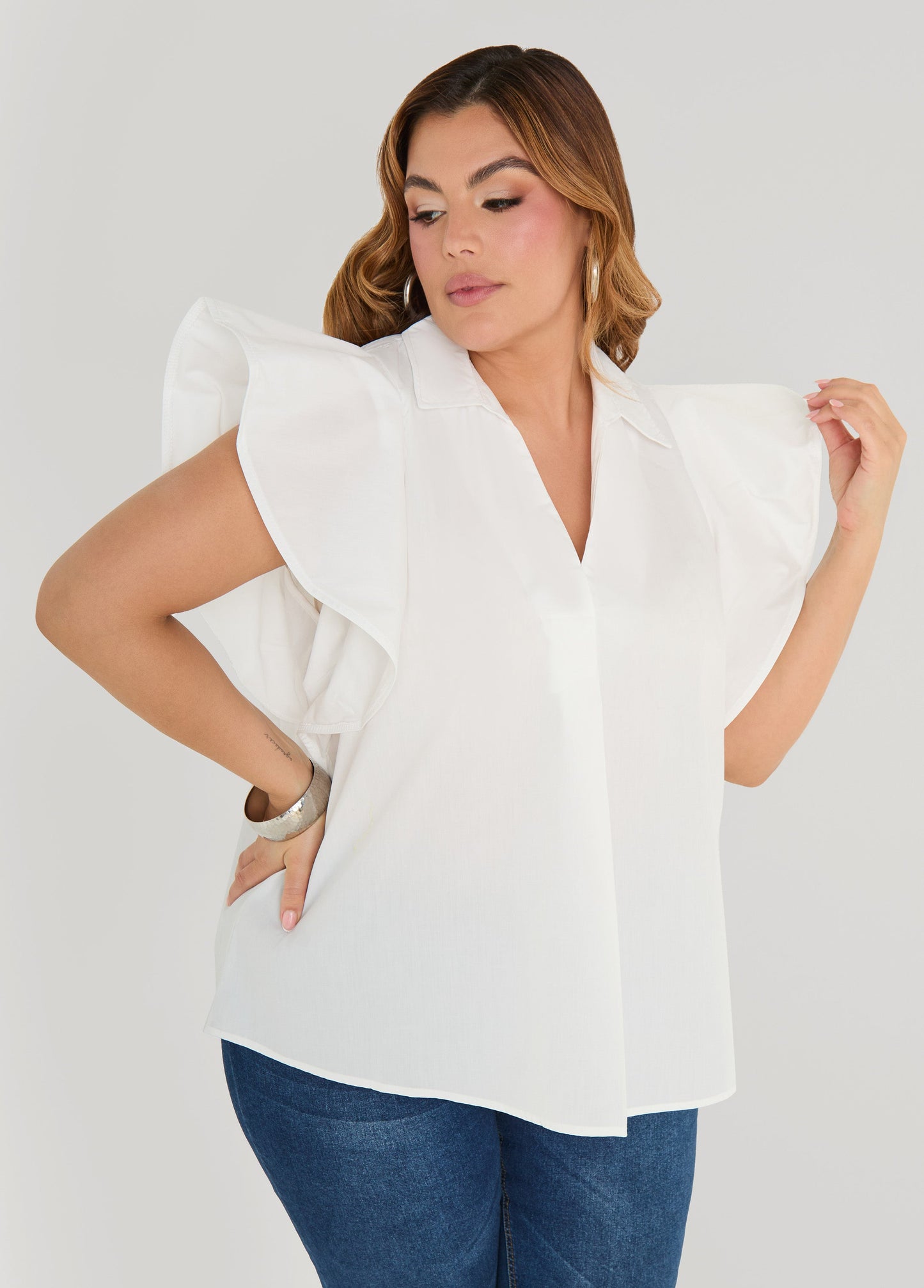 Ashley Stewart Ruffled Sleeve Poplin Top Green