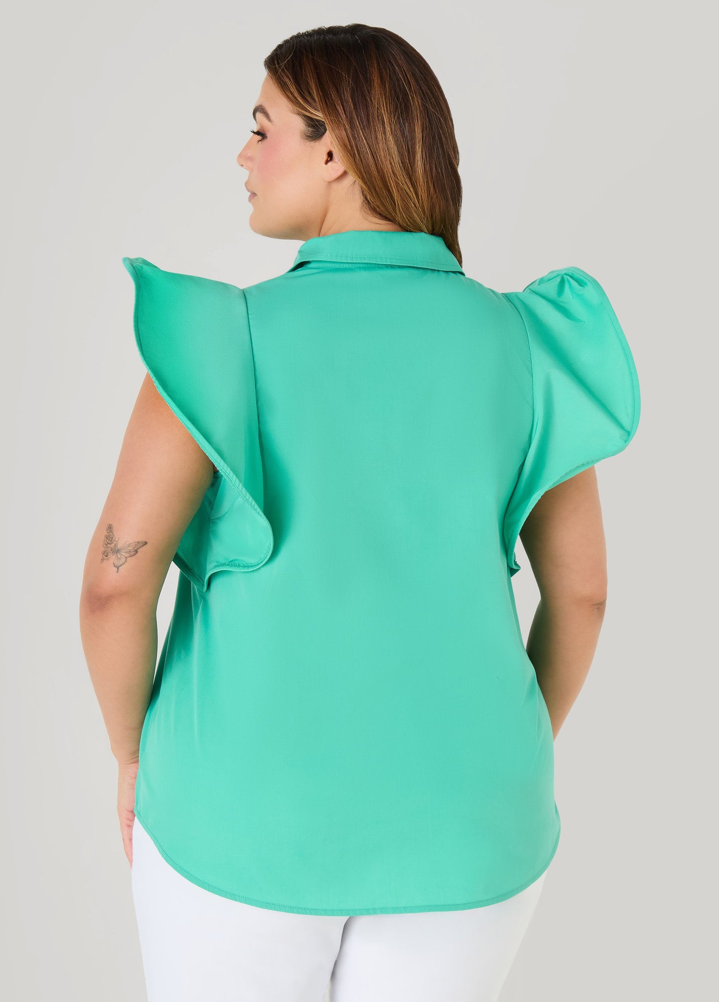 Ashley Stewart Ruffled Sleeve Poplin Top Green
