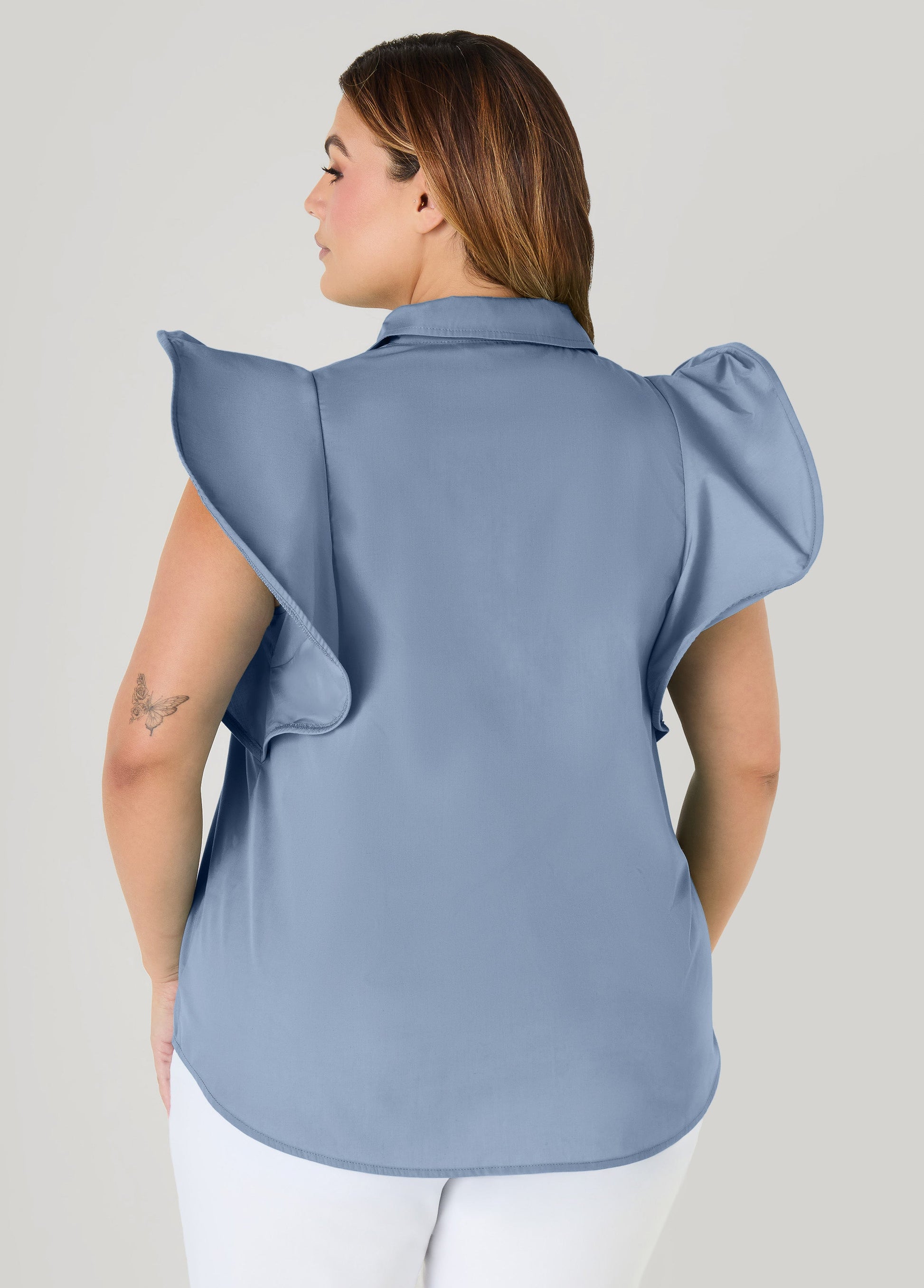 Ashley Stewart Ruffled Sleeve Poplin Top Green