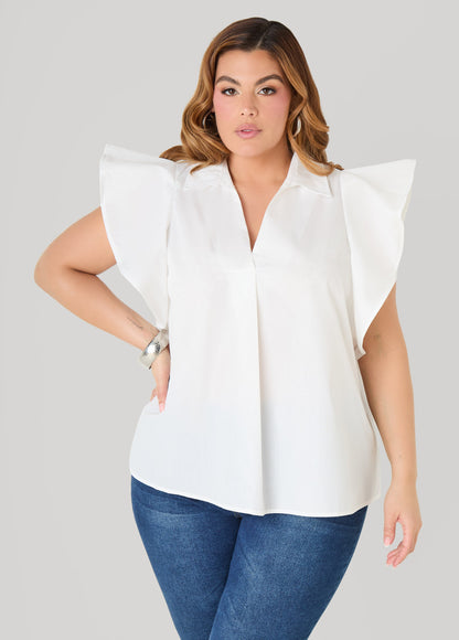 Ashley Stewart Ruffled Sleeve Poplin Top Green