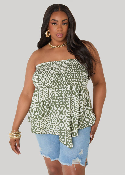 Ashley Stewart Printed Strapless Handkerchief Top Olive