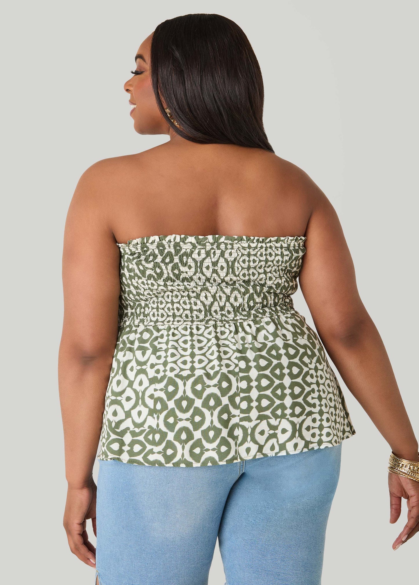 Ashley Stewart Printed Strapless Handkerchief Top Olive