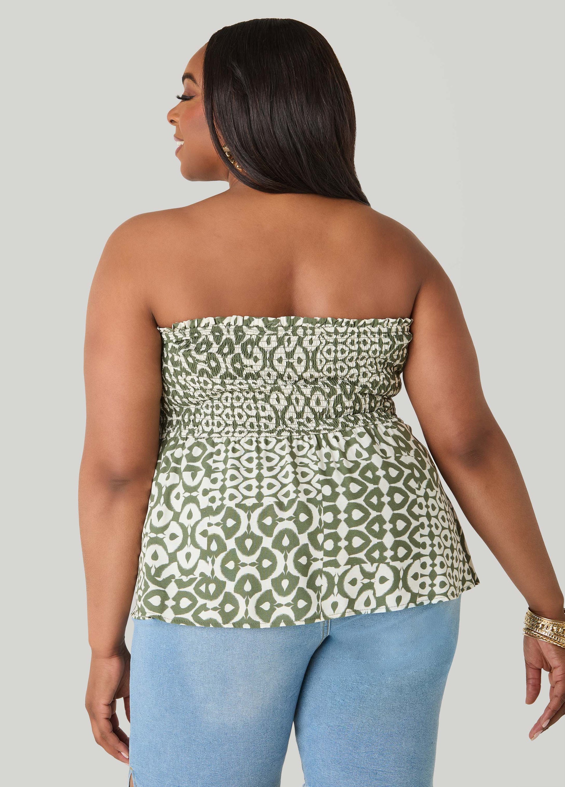 Ashley Stewart Printed Strapless Handkerchief Top Olive