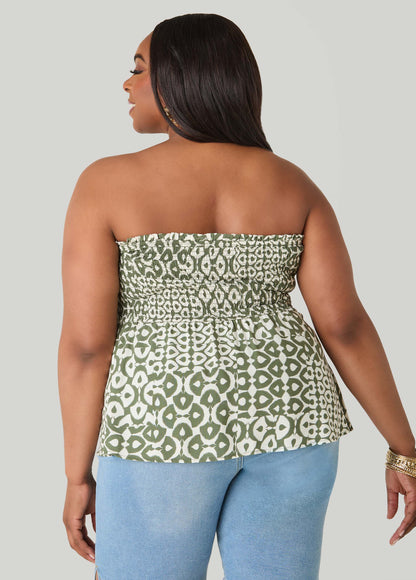 Ashley Stewart Printed Strapless Handkerchief Top Olive