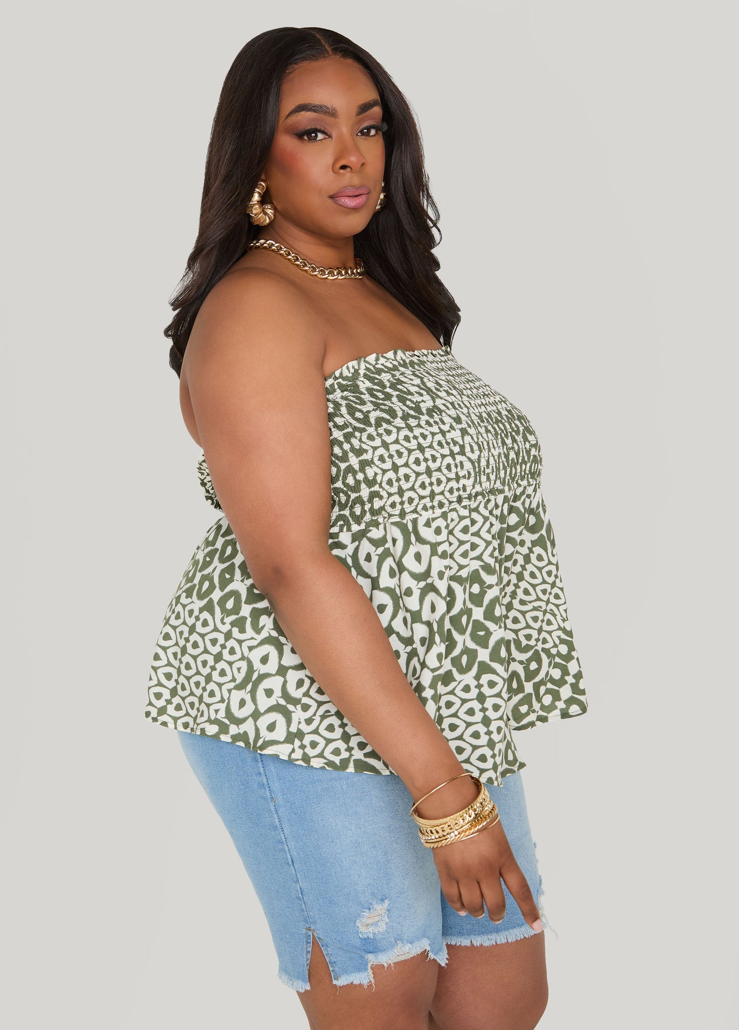 Ashley Stewart Printed Strapless Handkerchief Top Olive
