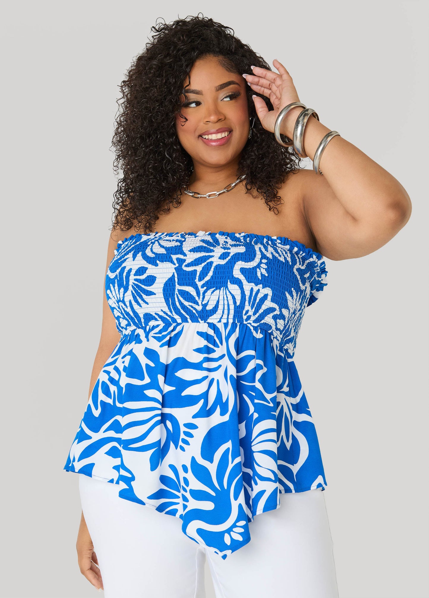 Ashley Stewart Printed Strapless Handkerchief Top Olive