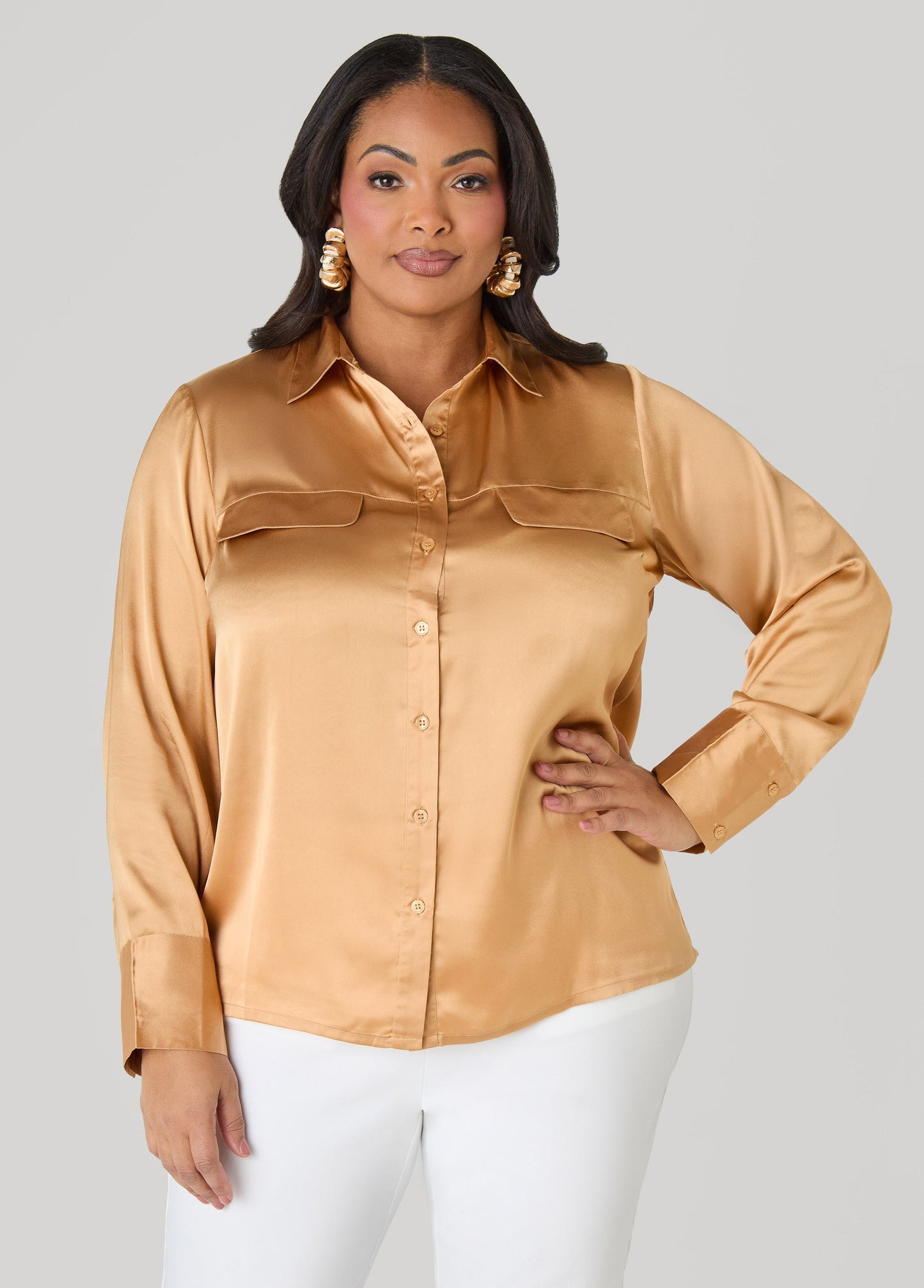 Ashley Stewart Satin Shirt Navy Peony