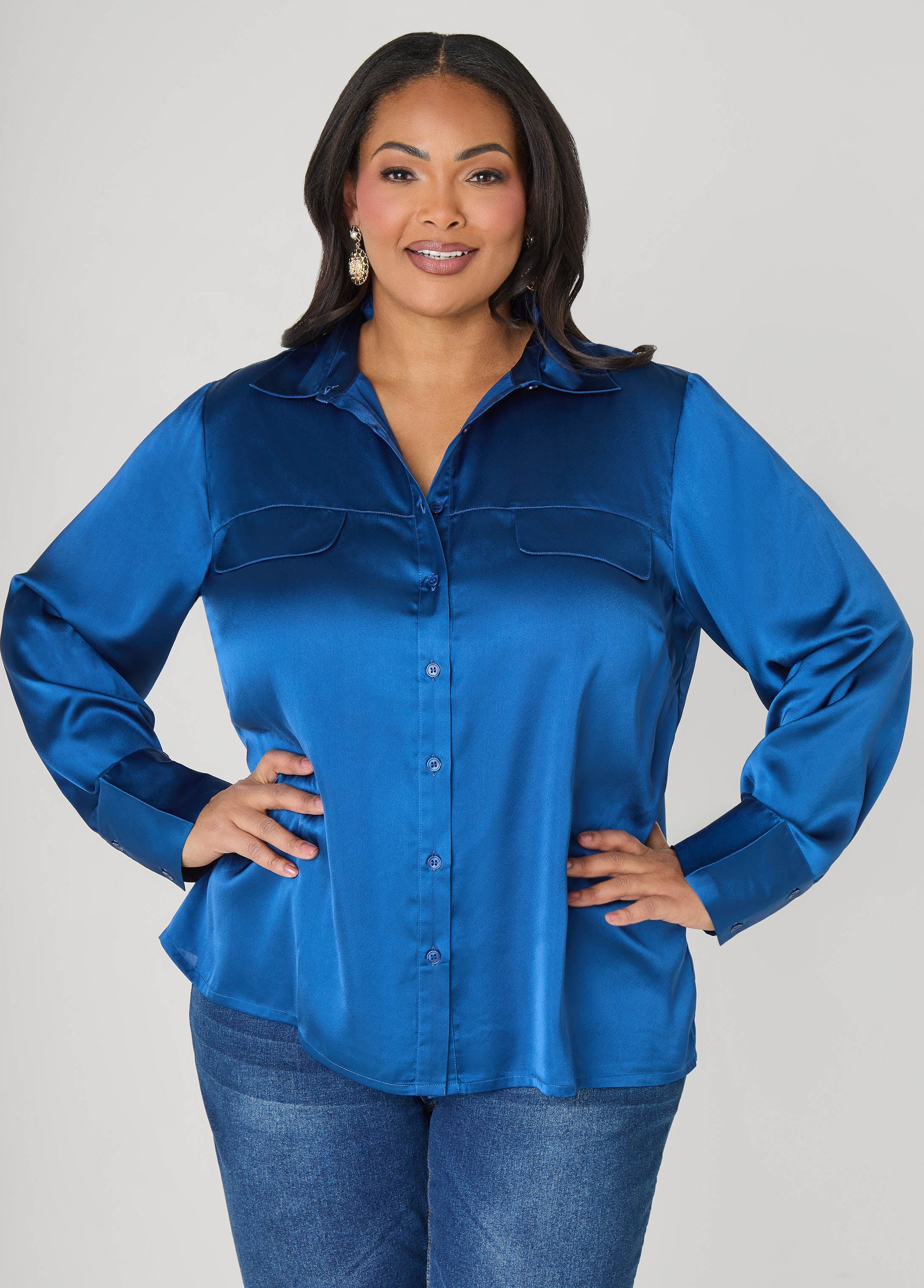 Ashley Stewart Satin Shirt Navy Peony