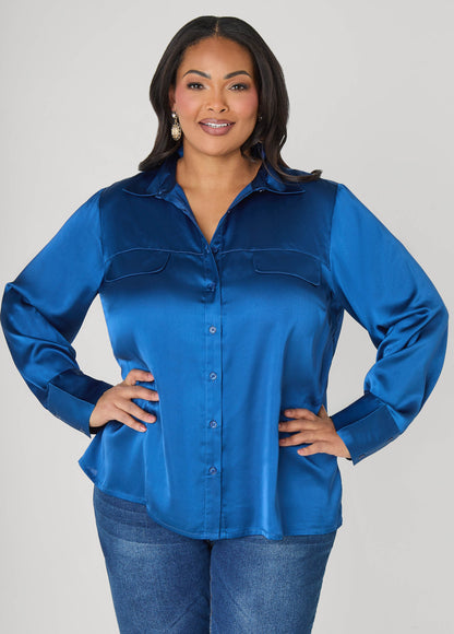 Ashley Stewart Satin Shirt Navy Peony