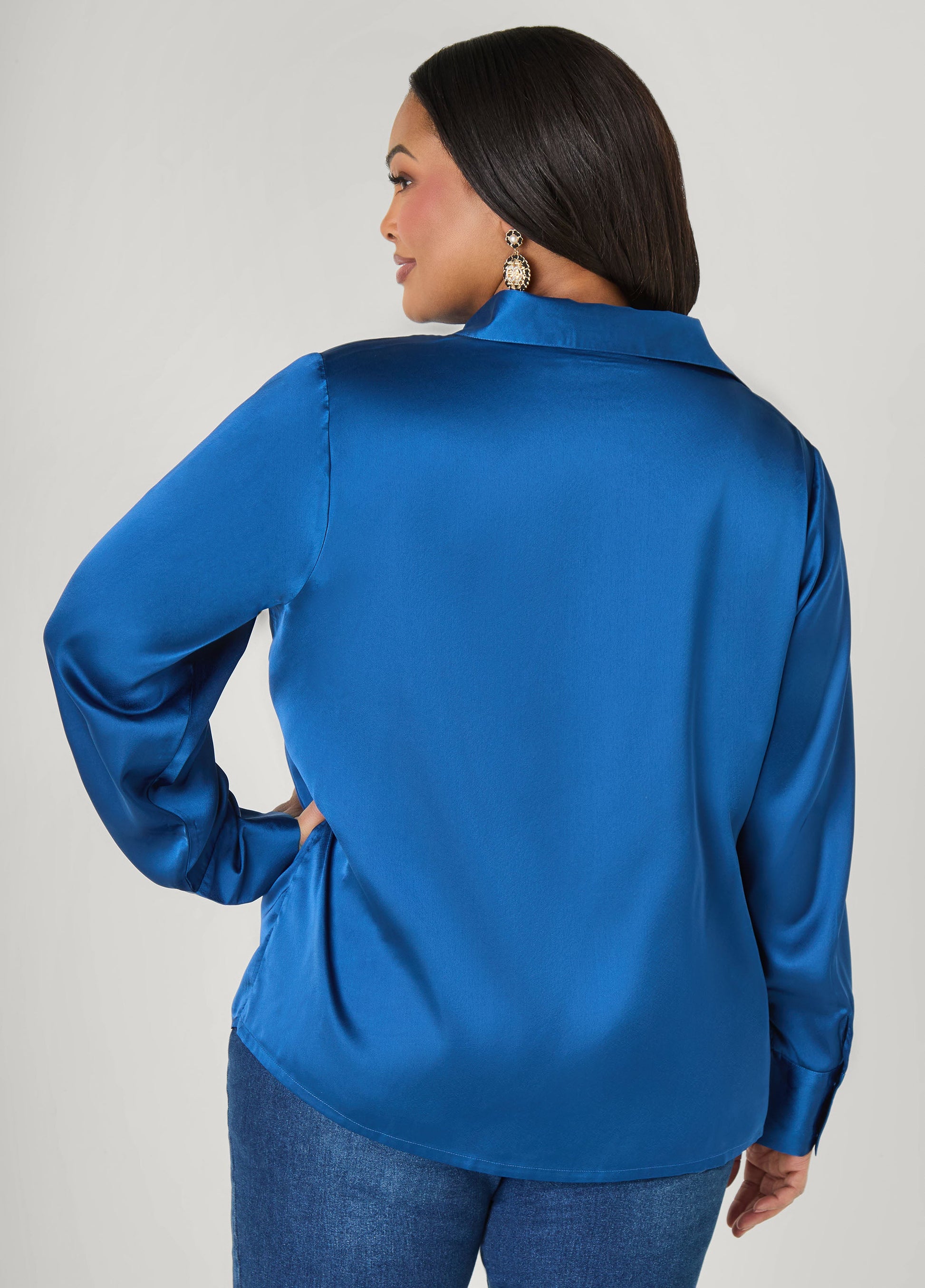 Ashley Stewart Satin Shirt Navy Peony