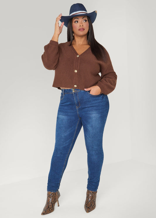 Ashley Stewart Cropped Ribbed Knit Sweater Potting Soil