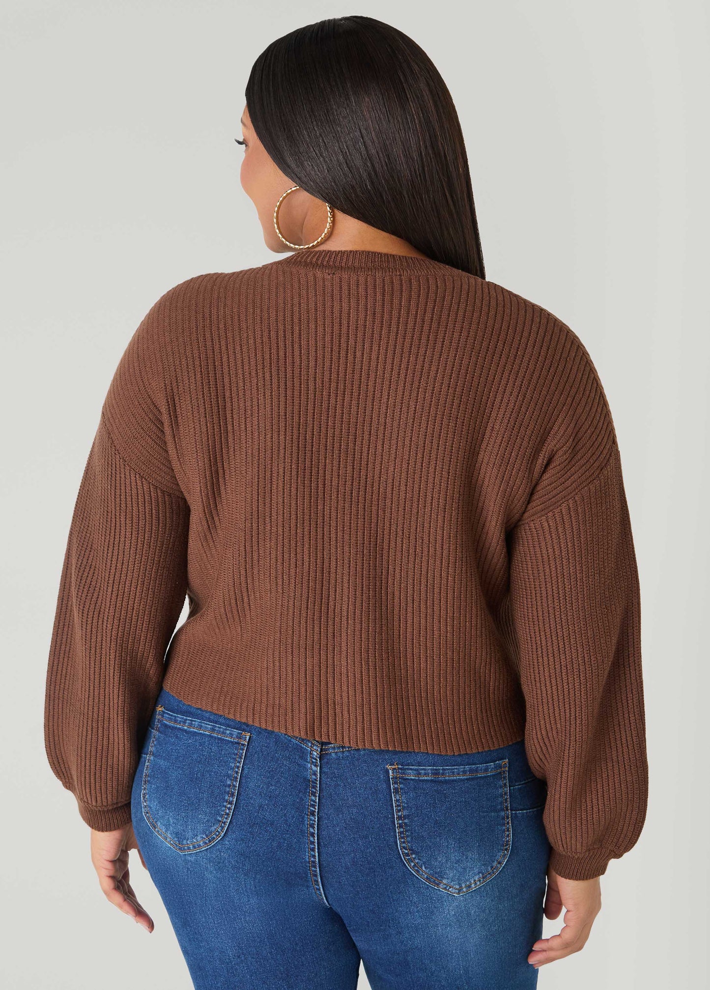 Ashley Stewart Cropped Ribbed Knit Sweater Potting Soil